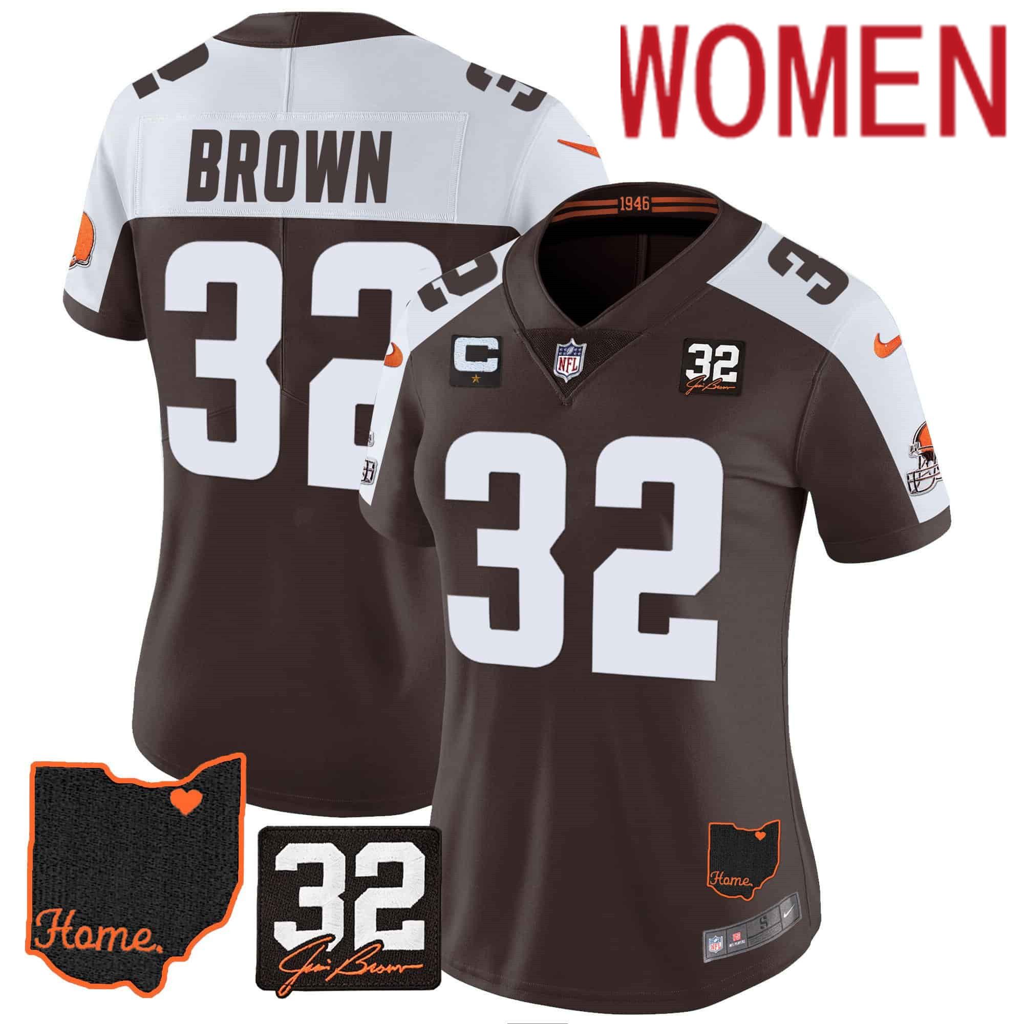 Women Cleveland Browns #32 Brown Brown Memorial Home Patch 2024 Nike NFL Jersey